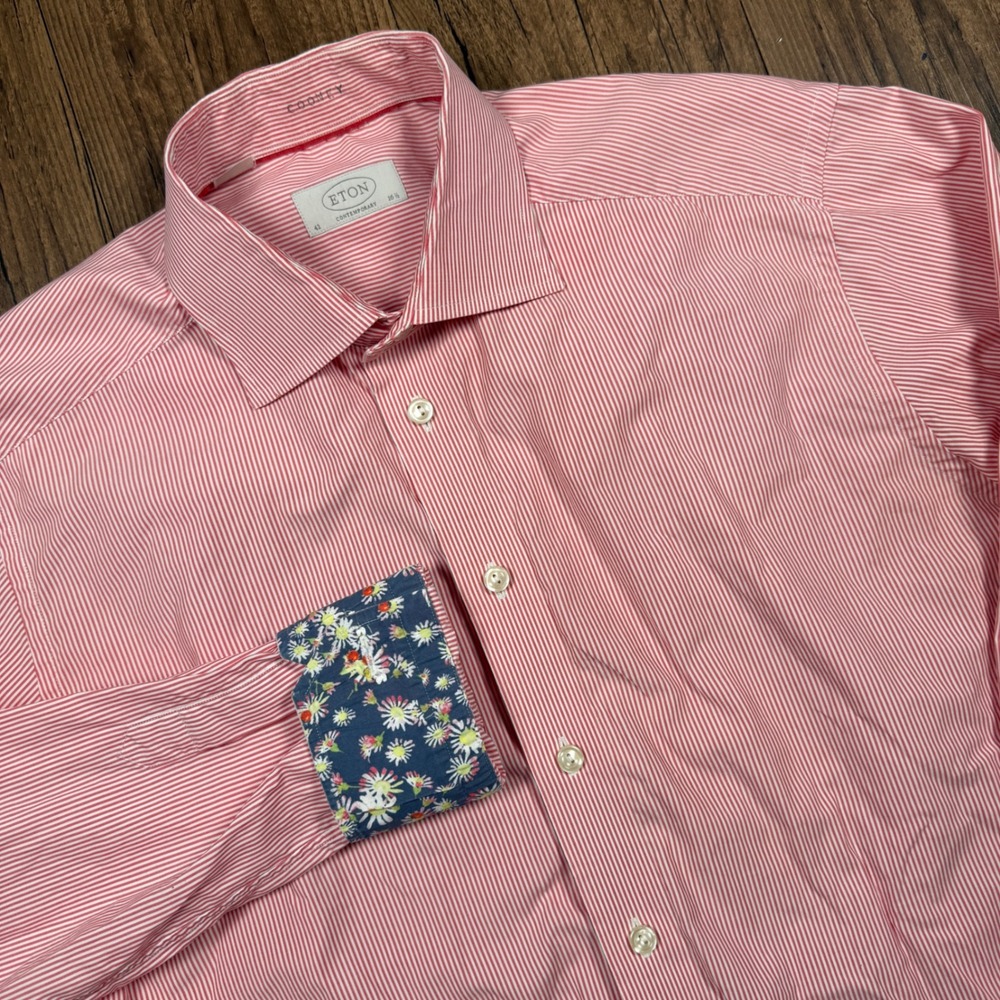 Eton Dress Shirt Mens 42 16.5 Red Pinstripe Contemporary Fit Floral Flip Cuff